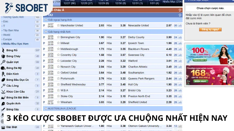 3 kèo cược Sbobet được ưa chuộng nhất hiện nay